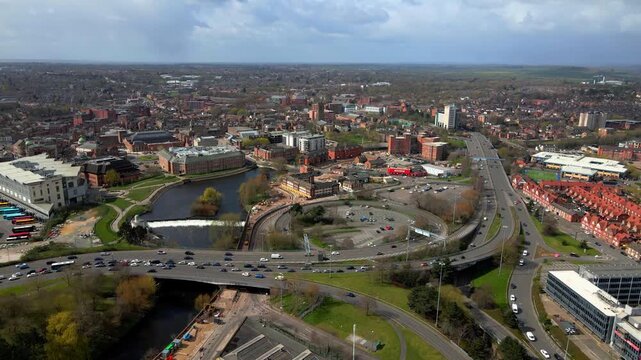 Aerial view of Derby city center with river and traffic