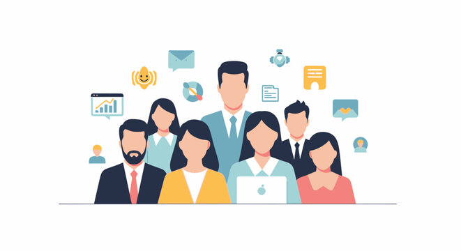 Multicultural business team with communication icons and laptop