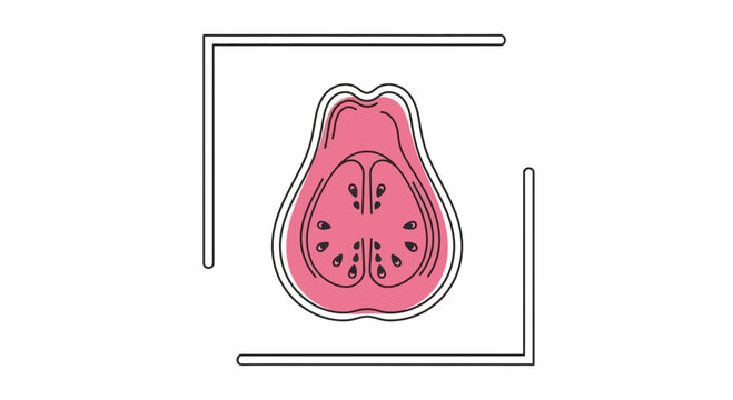 Minimalist continuous line art illustration of a ripe pink guava fruit slice with seeds perfect