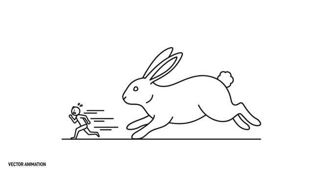 An oversized rabbit swiftly pursuing a frantic tiny human figure illustrating disproportionate