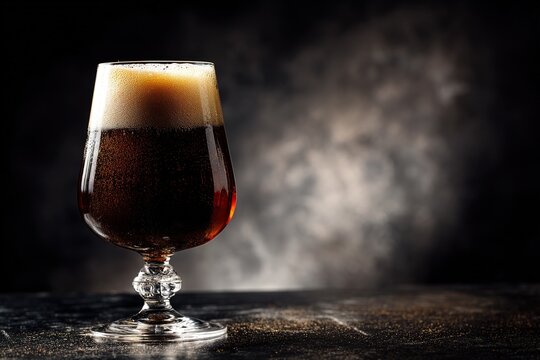 Glass of dark stout or porter beer with foam on rustic stone background