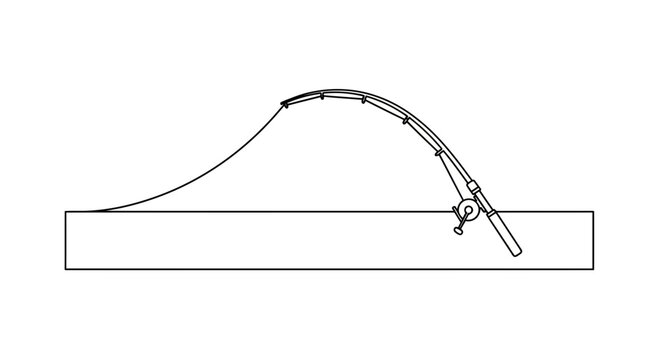 Minimalist line art illustration of a fishing rod with a taut line ready for action design element