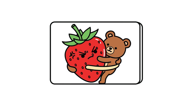 Adorable brown bear tightly embracing a cartoon strawberry with a comically grumpy expression