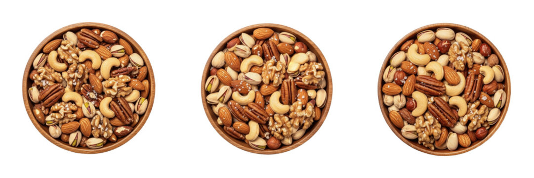 Mixed dry fruits in wooden bowl isolated on white background, assorted nuts and dried fruits healthy snack combination protein rich vegan food ingredient for diet nutrition and energy
