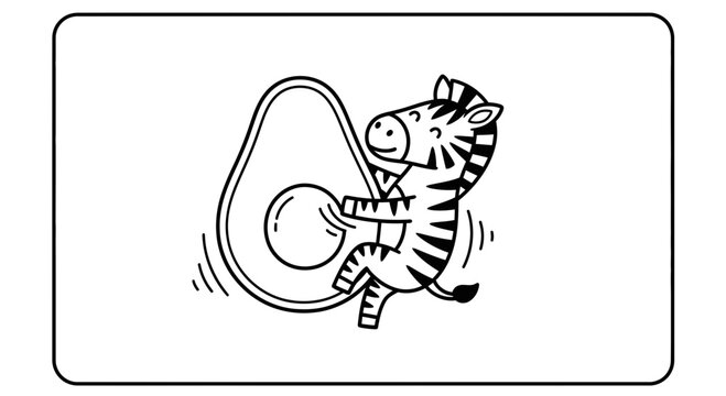 Playful cartoon zebra happily balancing a large avocado fruit in a minimalist line art illustration