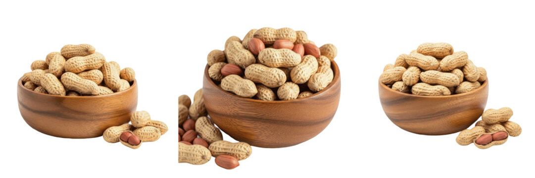Peanuts in wooden bowl isolated on white background, Arachis hypogaea groundnuts moongfali, मूंगफली, 花生, raw nuts protein rich healthy snack natural food ingredient for cooking and roasting