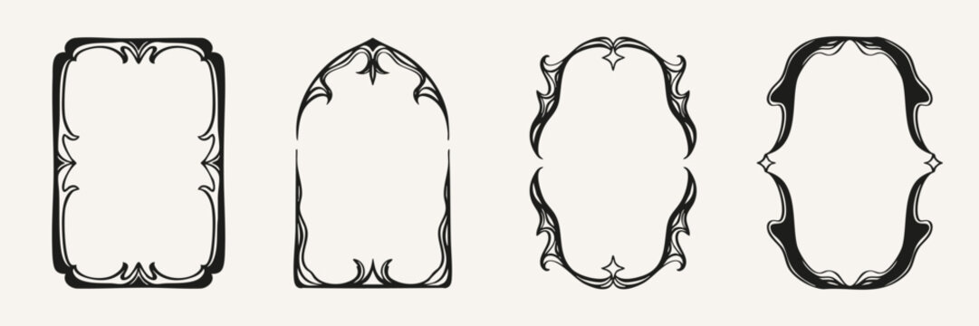 Hand drawn antique romantic frames set with ornate decorative borders in vintage style. Vector illustration.