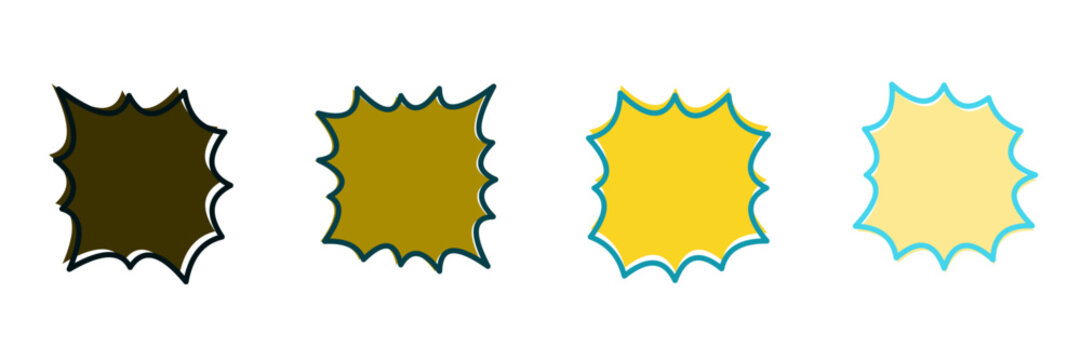 Retro comic book action callouts and jagged price burst stickers in yellow and brown color palette