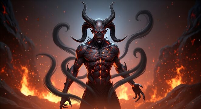 Dramatic Digital Painting of a Muscular Horned Demon Creature in Hellfire