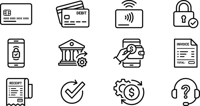 Financial and digital payment outline icons set including credit card debit card contactless payment security lock mobile payment online banking invoice receipt transaction approval and customer suppo