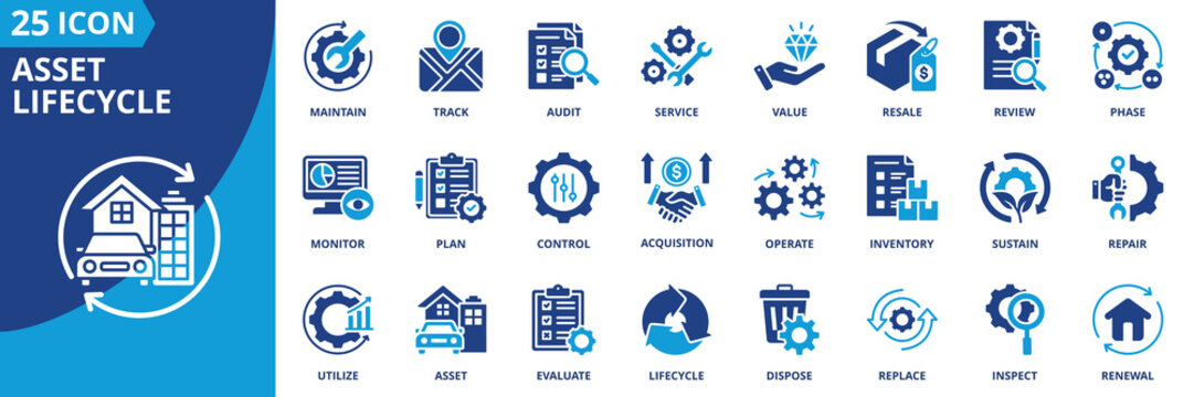 asset lifecycle icon set collection in solid glyph dual color style. pack contain asset, lifecycle, track, value, phase, service, maintain, repair, replace, audit icon