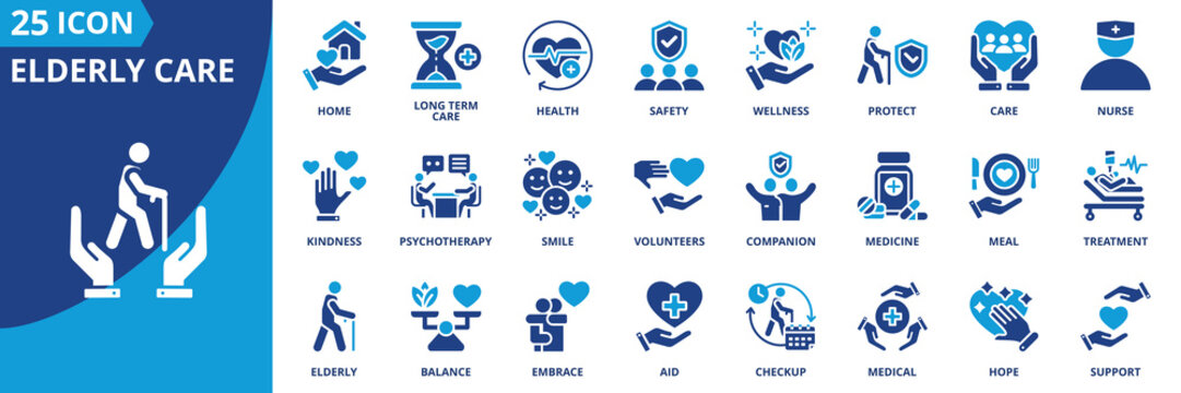 elderly care icon set collection in solid glyph dual color style. pack contain home, companion, long term, care, treatment, aid, checkup, care, smile, meal icon