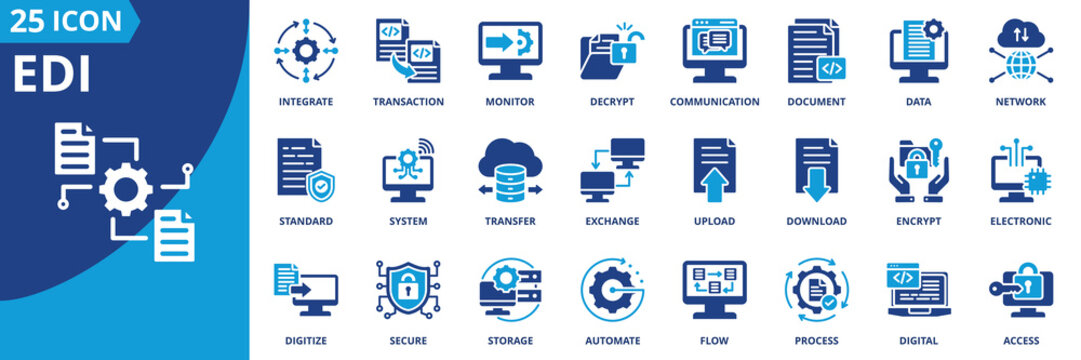 edi icon set collection in solid glyph dual color style. pack contain integrate, standard, digitize, transaction, system, secure, monitor, transfer, storage, decrypt icon
