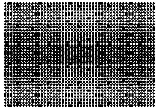 Connected meta balls pattern with disappearing effect. Fading irregular amorphous shapes texture. Linked liquid drops, molecules or cells transition background. Vector graphic illustration.