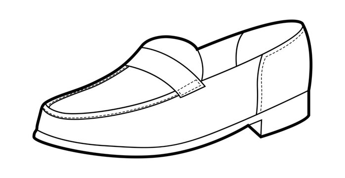 Penny loafer shoe women single line. Strap detail casual dress footwear for preppy street look everyday wear. Technical fashion illustration CAD mockup clean vector man unisex isolated modern style.
