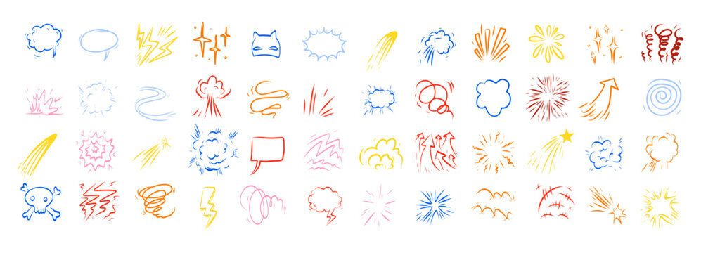 Color comic effect manga elements set on clean white background. Bright pop art explosions, bubbles, lightning and text clouds for playful superhero headlines, sales banners and kids comic designs.