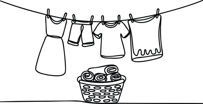Line drawing of clothes hanging on a clothesline and a basket of rolled up laundry  simple black and white illustration
