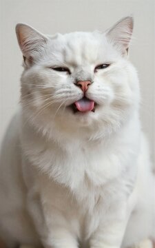 White cat with closed eyes and tongue out looking content.