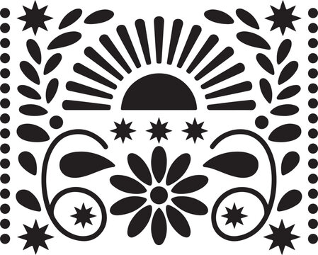 Mexican folk art pattern featuring elegant black and white sun and floral motifs for decoration