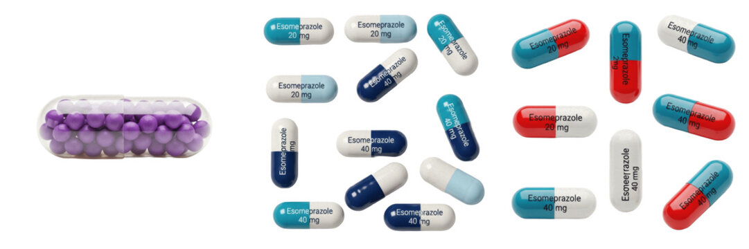 Esomeprazole capsules proton pump inhibitor PPI gastric acid reducer medication isolated on white background GERD treatment oral capsules pharma drug for acid reflux therapy