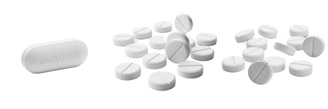 Baclofen tablets muscle relaxant antispastic medication isolated on white background oral tablets pharma drug for muscle spasm spasticity and neurological therapy