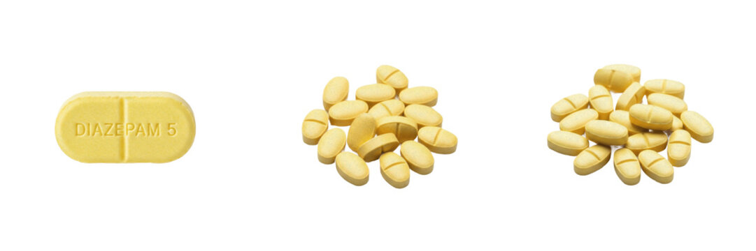 Diazepam tablets benzodiazepine anxiolytic sedative medication isolated on white background oral tablets pharma drug for anxiety muscle spasm and seizure management therapy