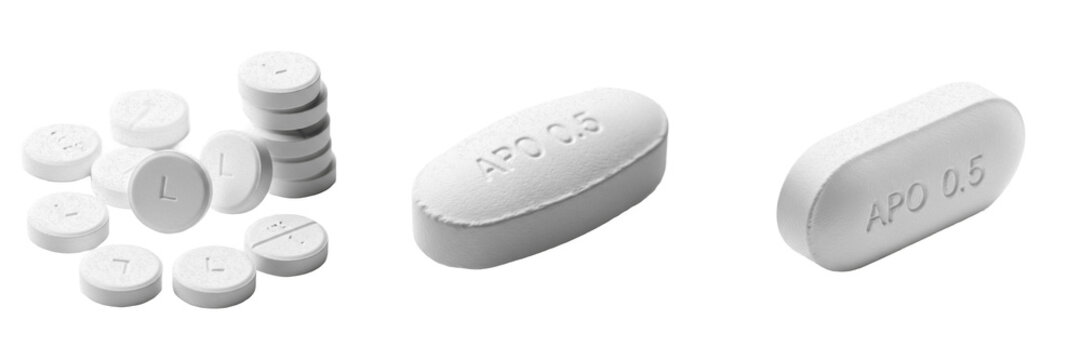 Lorazepam tablets benzodiazepine anxiolytic sedative medication isolated on white background oral tablets pharma drug for anxiety insomnia and seizure management therapy