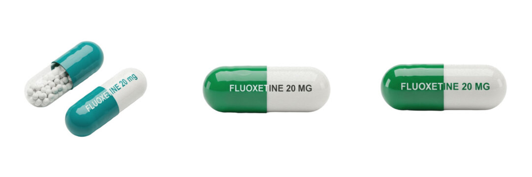 Fluoxetine capsules SSRI antidepressant medication isolated on white background oral capsules pharma drug for depression anxiety obsessive compulsive disorder and mood therapy