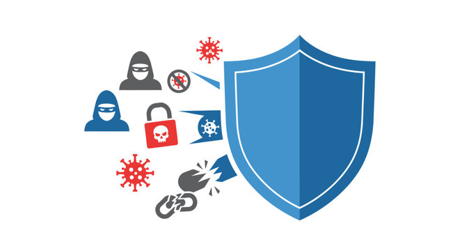 Blue shield protecting from threats online. Vector Illustrations. EPS Editable