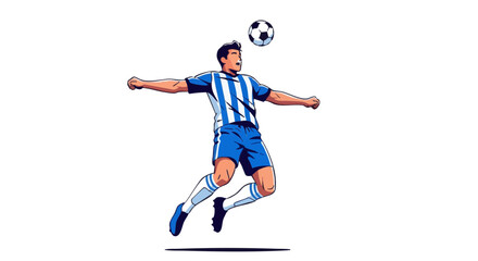 Fototapeta premium Soccer player in a blue and white uniform jumping to head a ball. Vector illustration on a white background