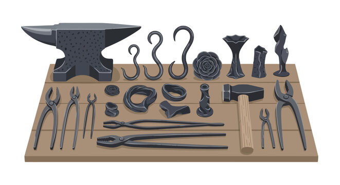 Comprehensive collection of traditional blacksmithing tools and handcrafted forged metal items. Vector Illustrations. EPS Editable