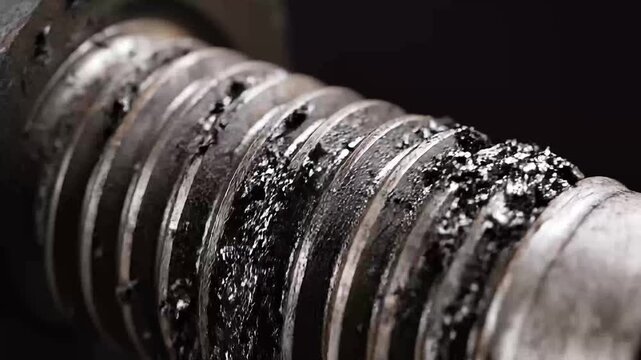 Close up of a worn metal screw with debris accumulated on threads.