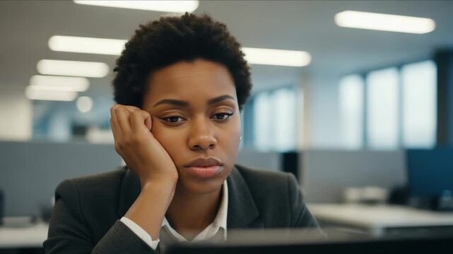 Bored African American Businesswoman Suffering from Workplace Burnout and Mental Fatigue in Modern Office