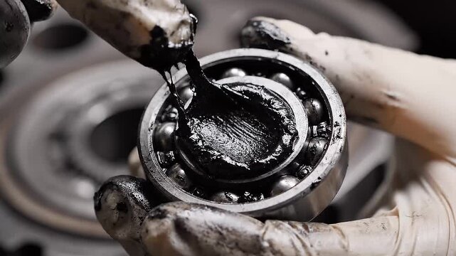 Close up of hands greasing a ball bearing for maintenance.