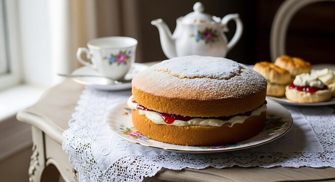 Afternoon Tea Delights: A vintage tea setting with a freshly baked Victoria sponge cake, scones, and a porcelain teapot and teacup. A perfect moment to savor tradition and taste.