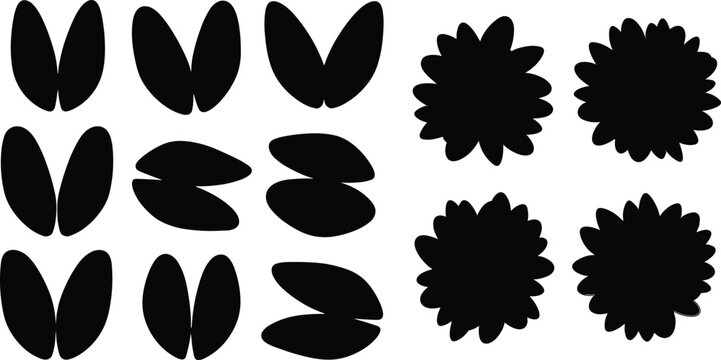 Mussel and shell silhouette vector set. Marine mollusk shapes with open and closed shells. Black coastal elements for seafood design, ocean themes and nature illustration.