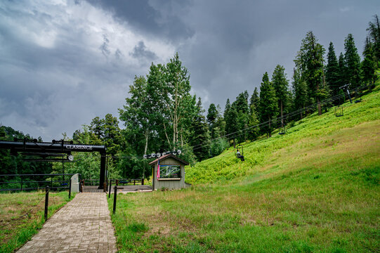 Ski lift in the clouds and fog on a summer day in the Santa Catalina Mountains near Tucson Arizona