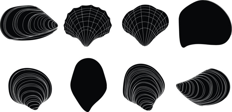 Mussel shell silhouette vector set. Marine mollusk collection with textured and smooth shell shapes. Black coastal elements for seafood design, ocean themes and nature illustration.