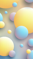 3D abstract background with pastel spheres in yellow blue and lilac featuring soft gradients and depth