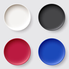 Minimalist ceramic plate set top view in four colors with realistic shadows for product mockup and menu