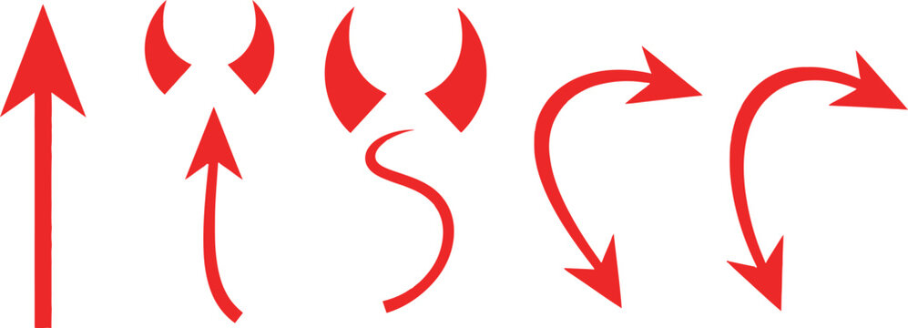Collection of red arrows and devil tails on white background