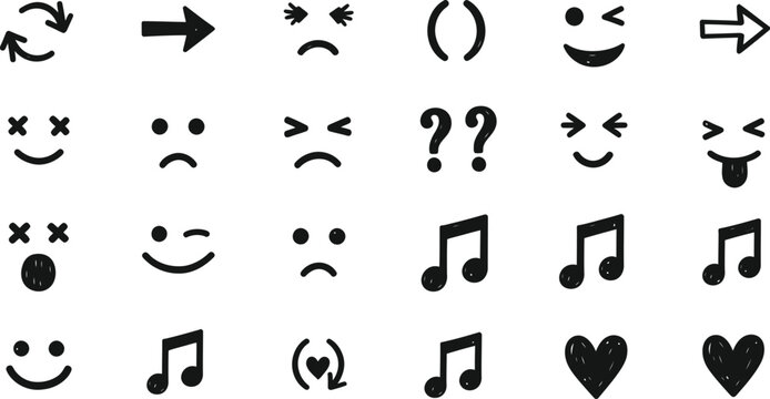 A collection of various emoticon faces and musical notes