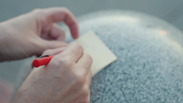 Note on stone. Fingers hold pen writing on textured stone. Quick note written with red pen on rough granite surface. Closeup of hand inscribing message on sticky note resting on granite texture