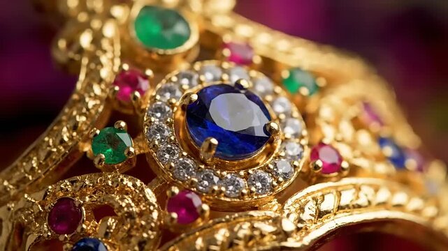 Exquisite Gold Ring Adorned with Blue Sapphire and Emeralds.