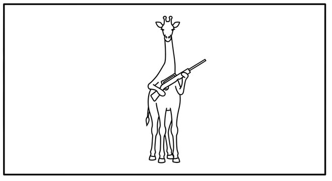 Giraffe Holding Rifle, Surreal Animal Illustration, Black and White Line Art