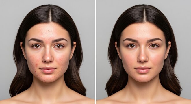 Before and after comparison of skin treatment, showcasing a woman's face with and without blemishes, highlighting the efficacy of dermatological solutions for clear complexion