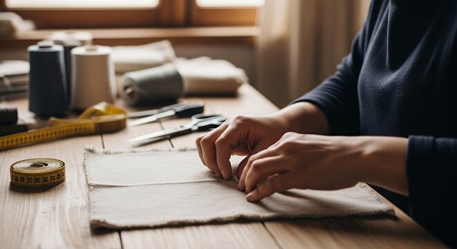 Person working with fabric and threads.