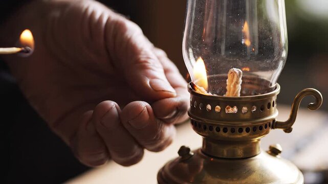 Close-up of a hand lighting an old kerosene lamp with a match.
