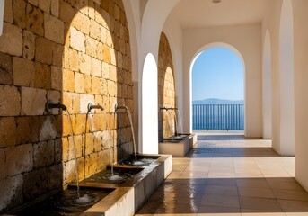 Fototapeta premium Stone fountain with arches and sea view