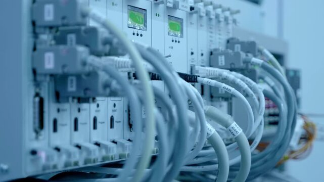 Industrial equipment control and management units with many wires and flashing LEDs. Closeup. Shot in motion